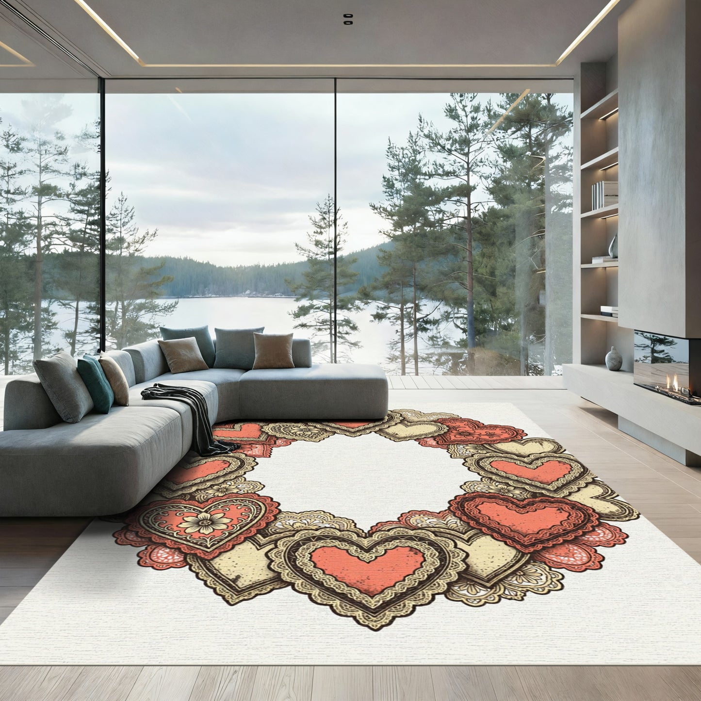 Coral Lace Heart Garland Rug