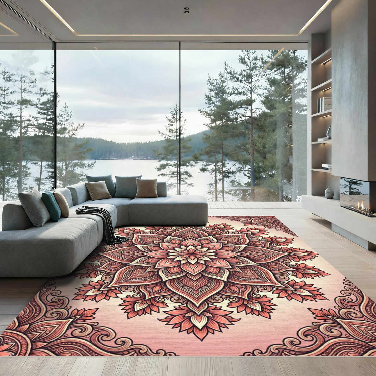 Coral Pink Floral Mandala Medallion Rug