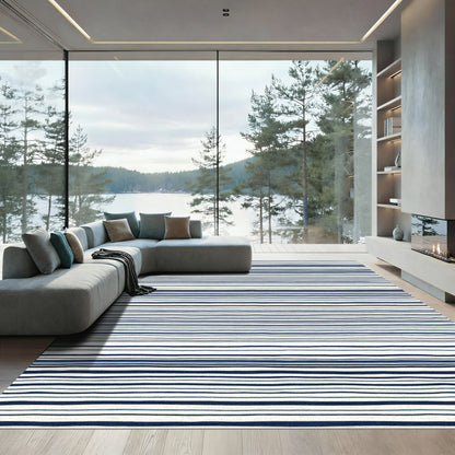 Navy Blue White Horizontal Stripe Rug