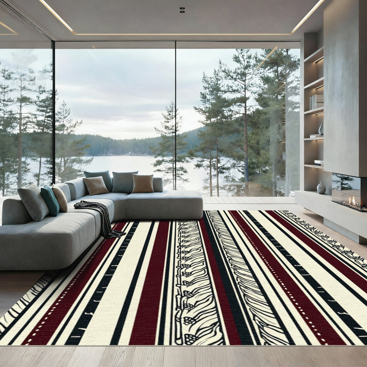 Cream Burgundy Black Striped Organic Zigzag Rug