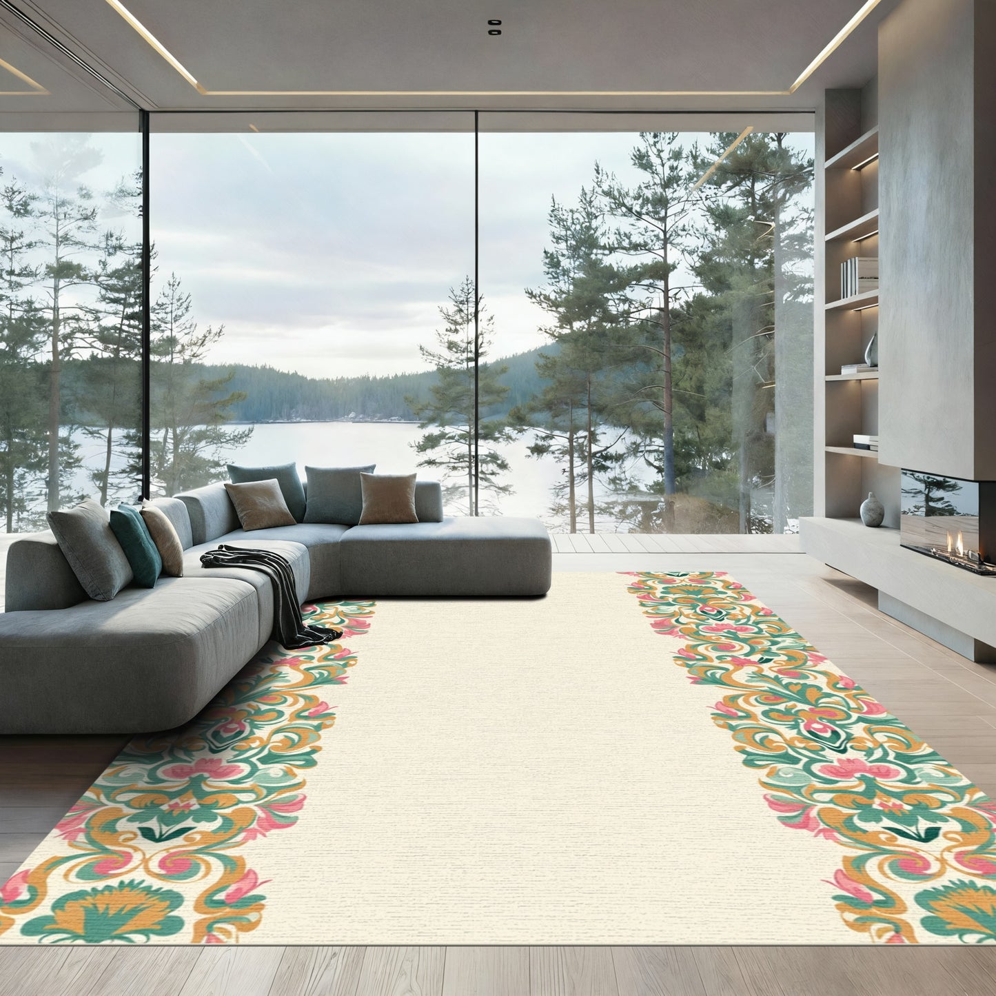 Ornate Pink Teal Gold Floral Border Rug