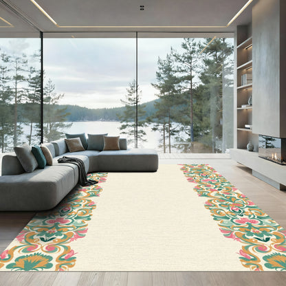 Ornate Pink Teal Gold Floral Border Rug