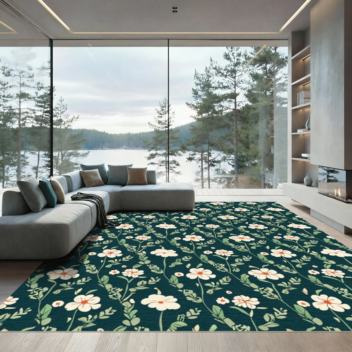 Cream White Flower Garden Pattern Rug