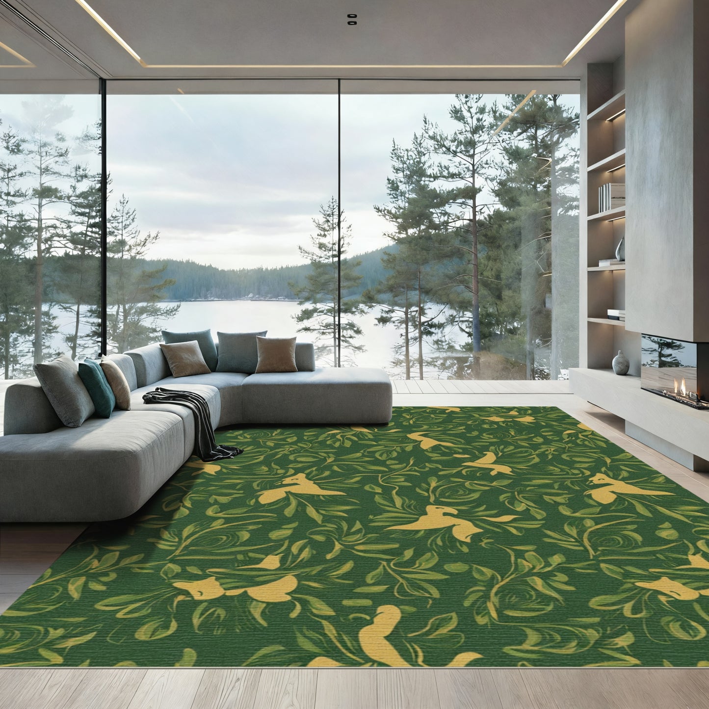 Golden Birds Lush Green Foliage Rug
