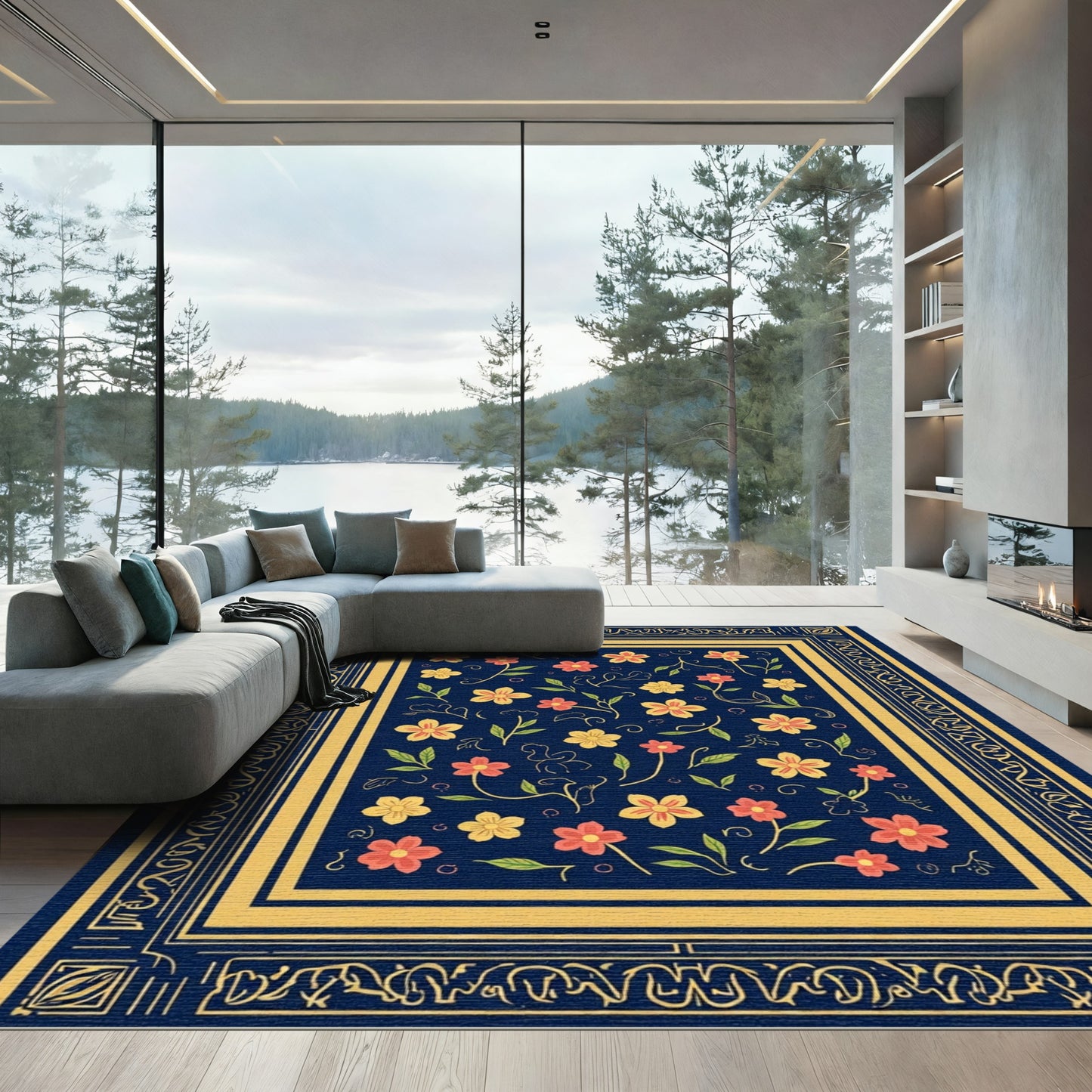 Coral Yellow Flower Botanical Border Rug
