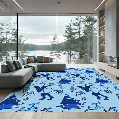 Dancing Figures Blue Abstract Rug
