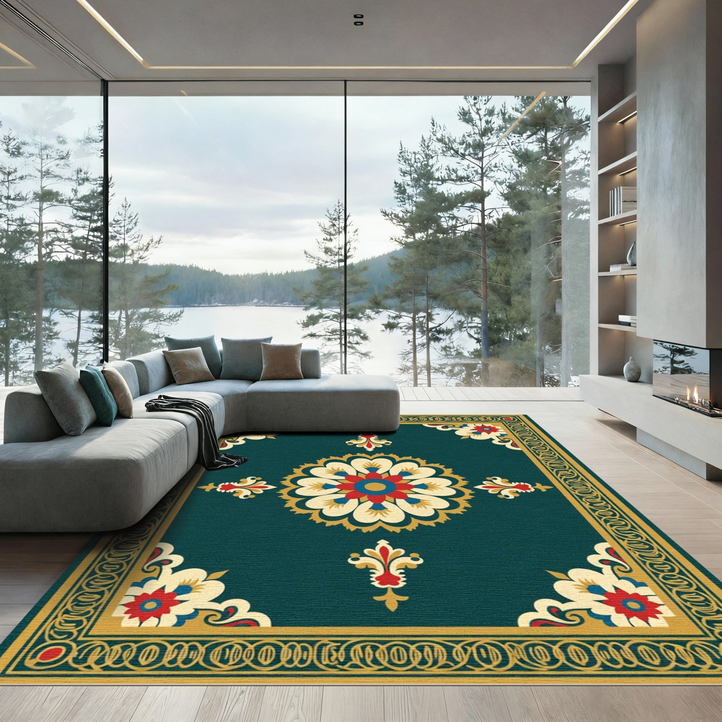 Majestic Teal Floral Medallion Rug