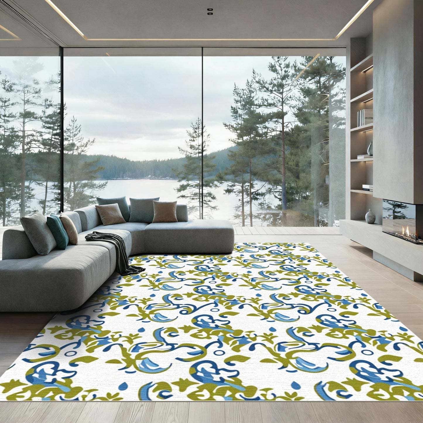 Blue Green Swirl Floral Damask Rug