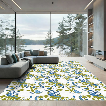 Blue Green Swirl Floral Damask Rug