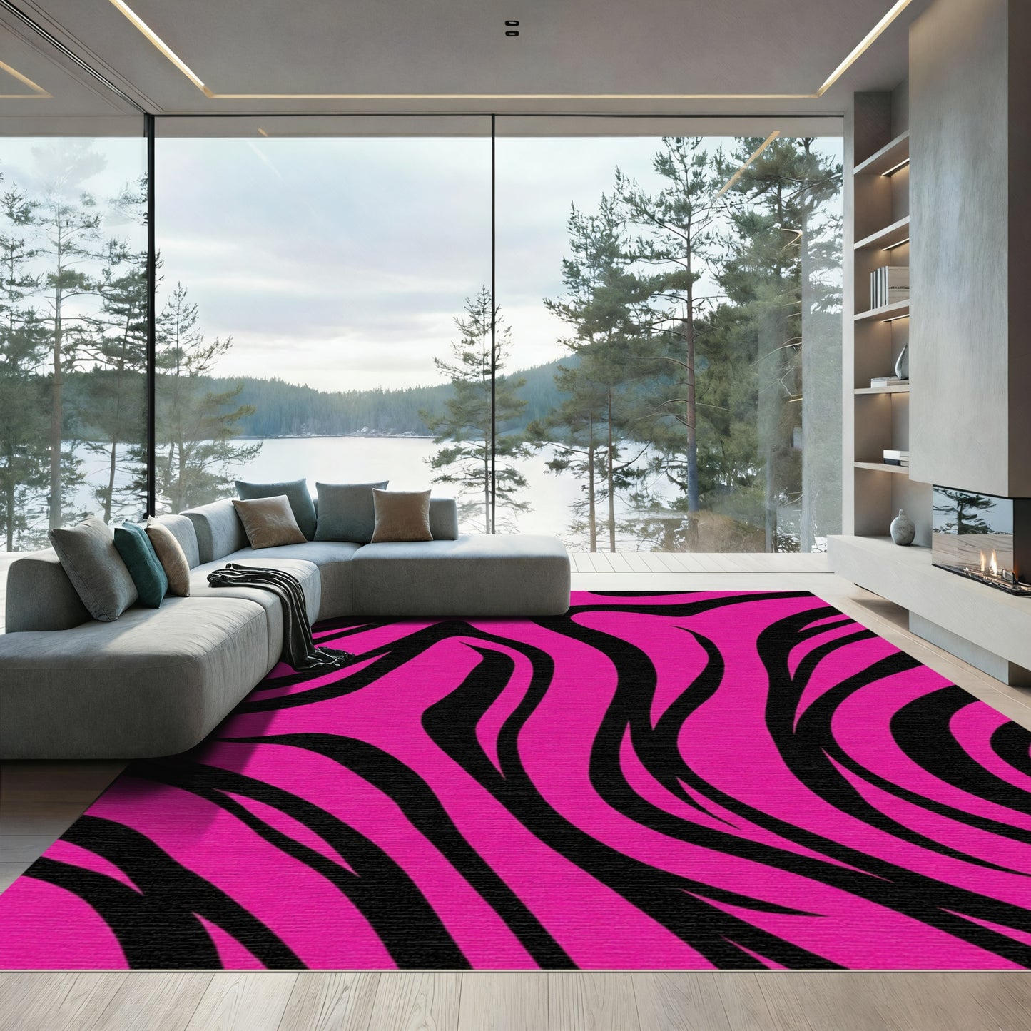 Hot Pink Black Zebra Waves Rug