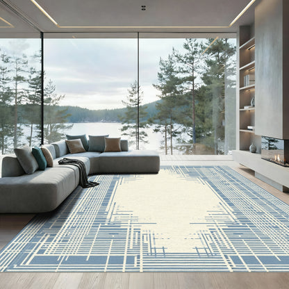 Ecru Blue Geometric Abstract Lines Rug