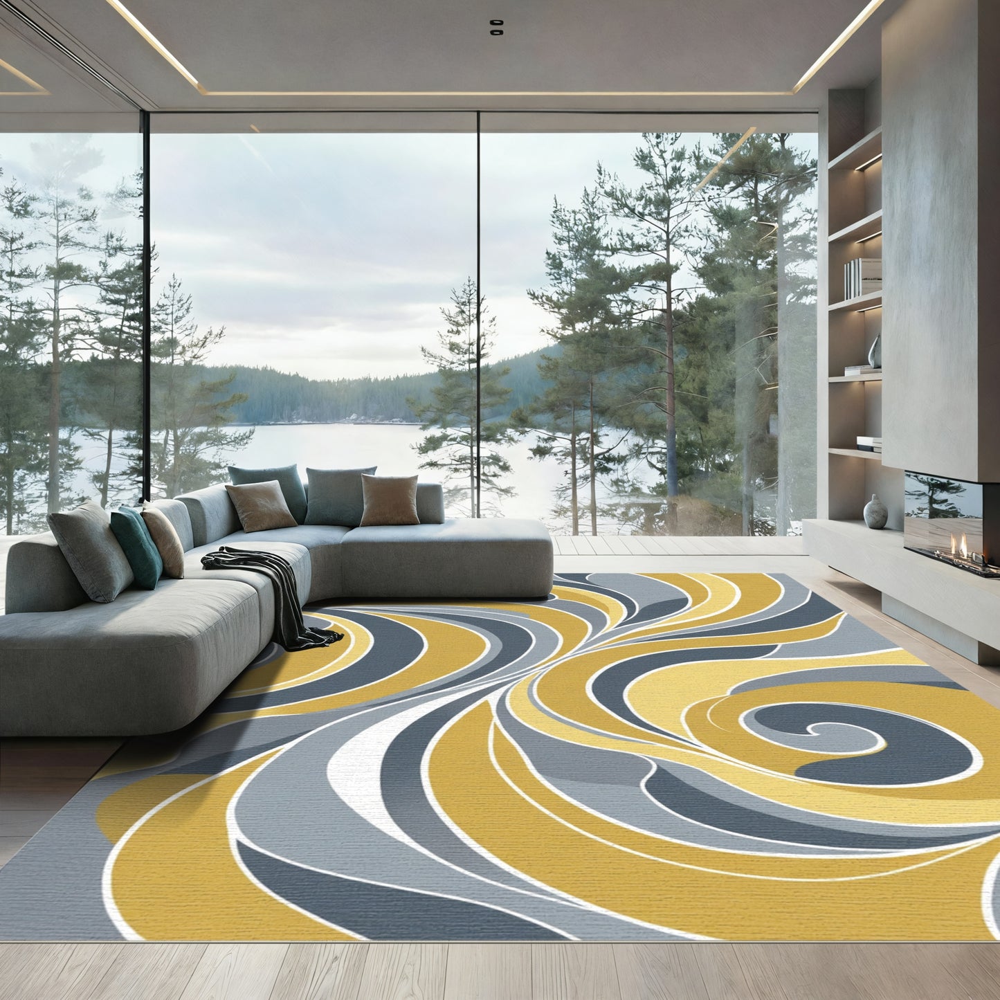 Abstract Gold Gray Swirl Ribbons Rug