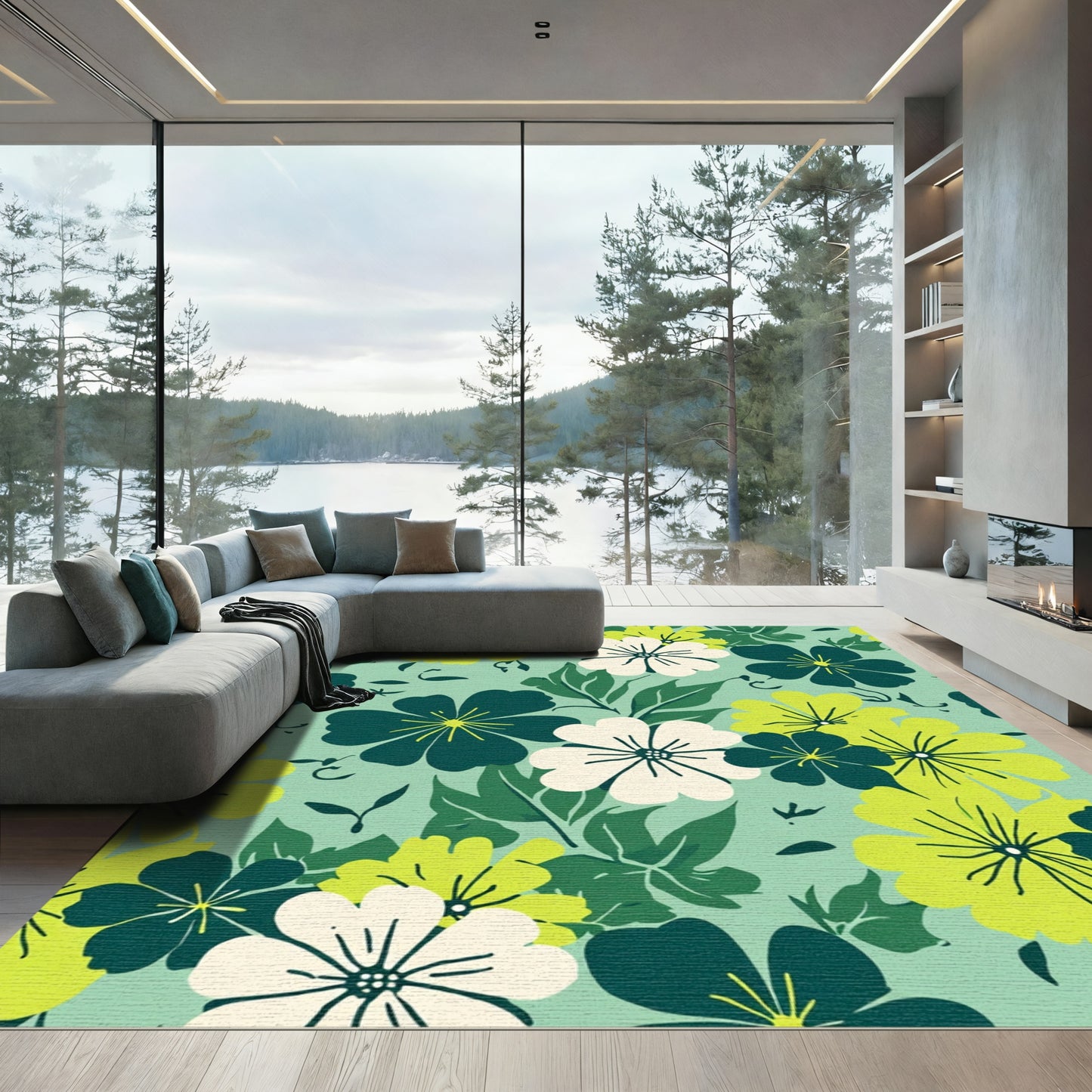 Lush Lime Green Floral Composition Rug
