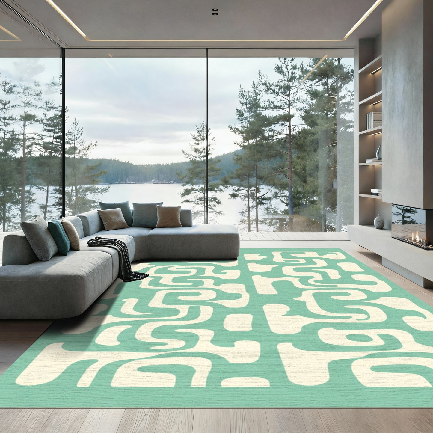 Cream Abstract Aqua Interlocking Shapes Rug