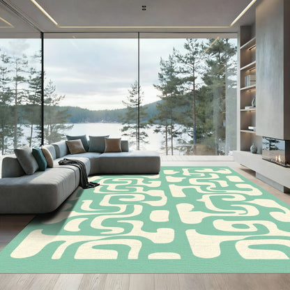 Cream Abstract Aqua Interlocking Shapes Rug