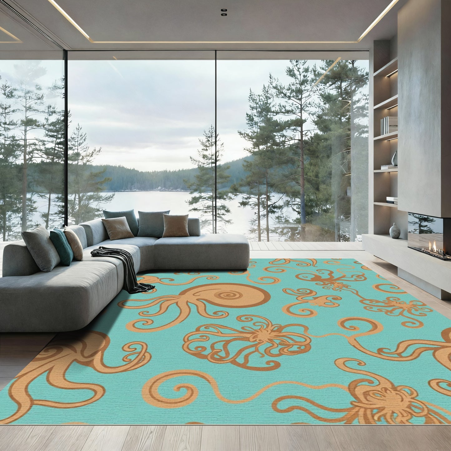 Oceanic Amber Octopus Swirls Rug