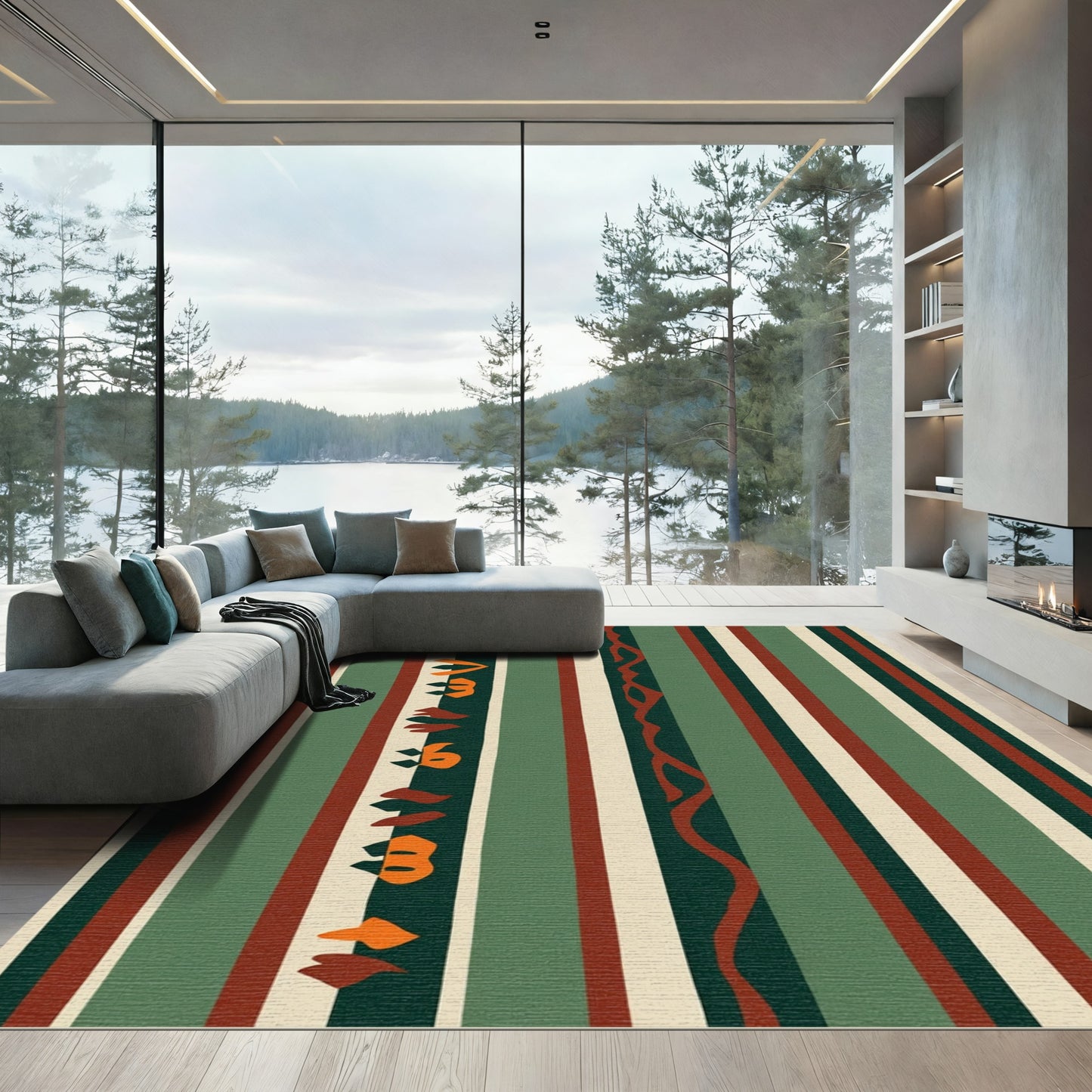 Earthy Green Red Abstract Stripe Rug