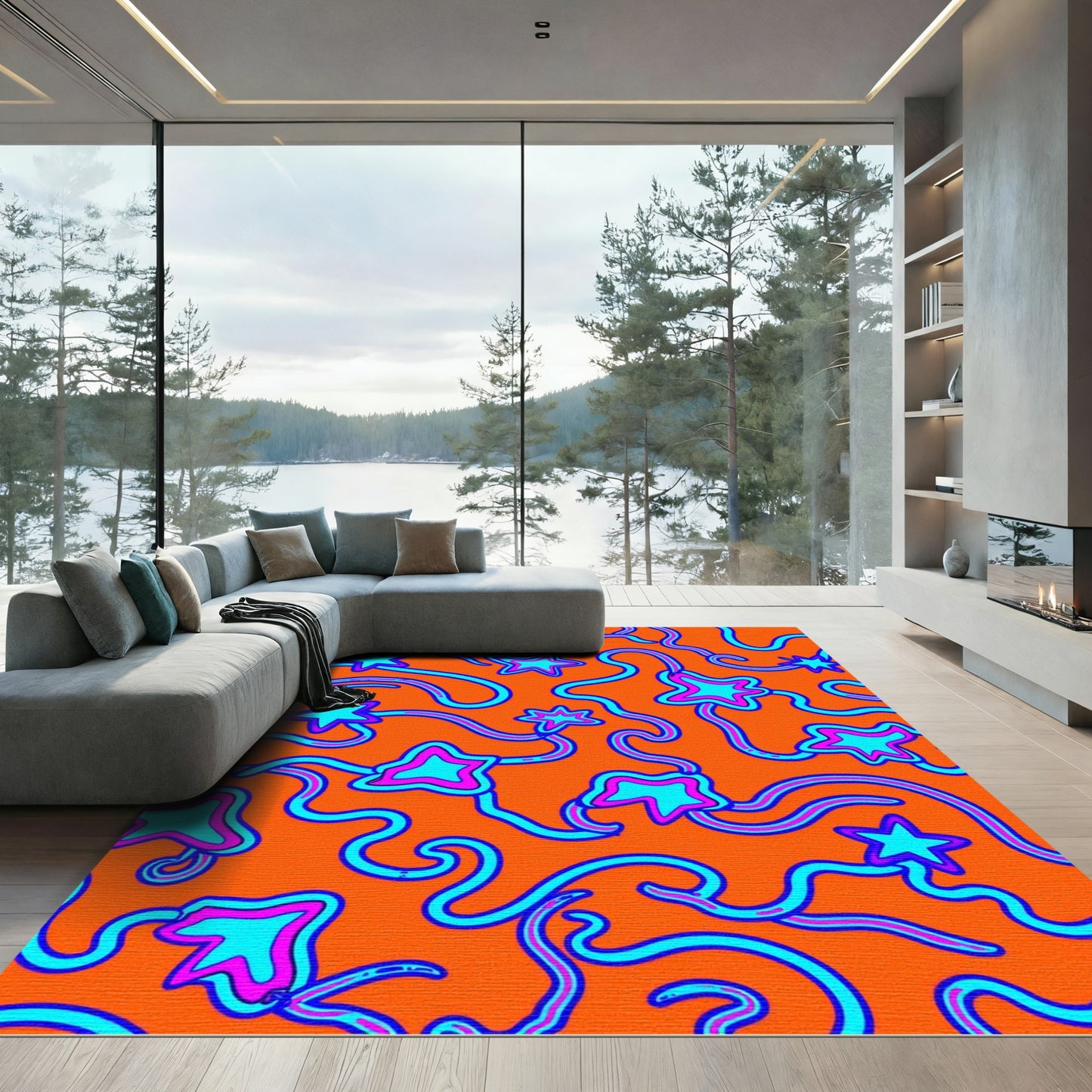 Orange Aqua Magenta Star Swirl Rug