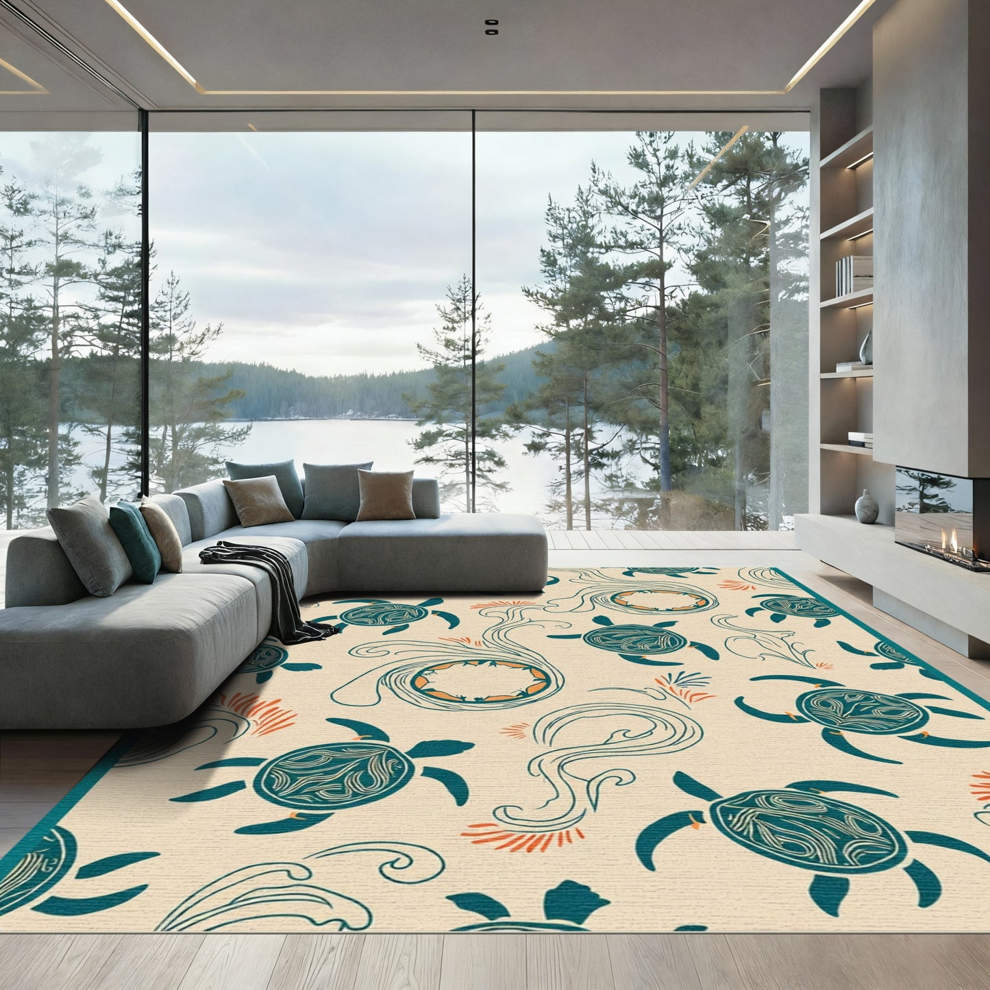 Coastal Teal Turtle Wave Harmony Rug