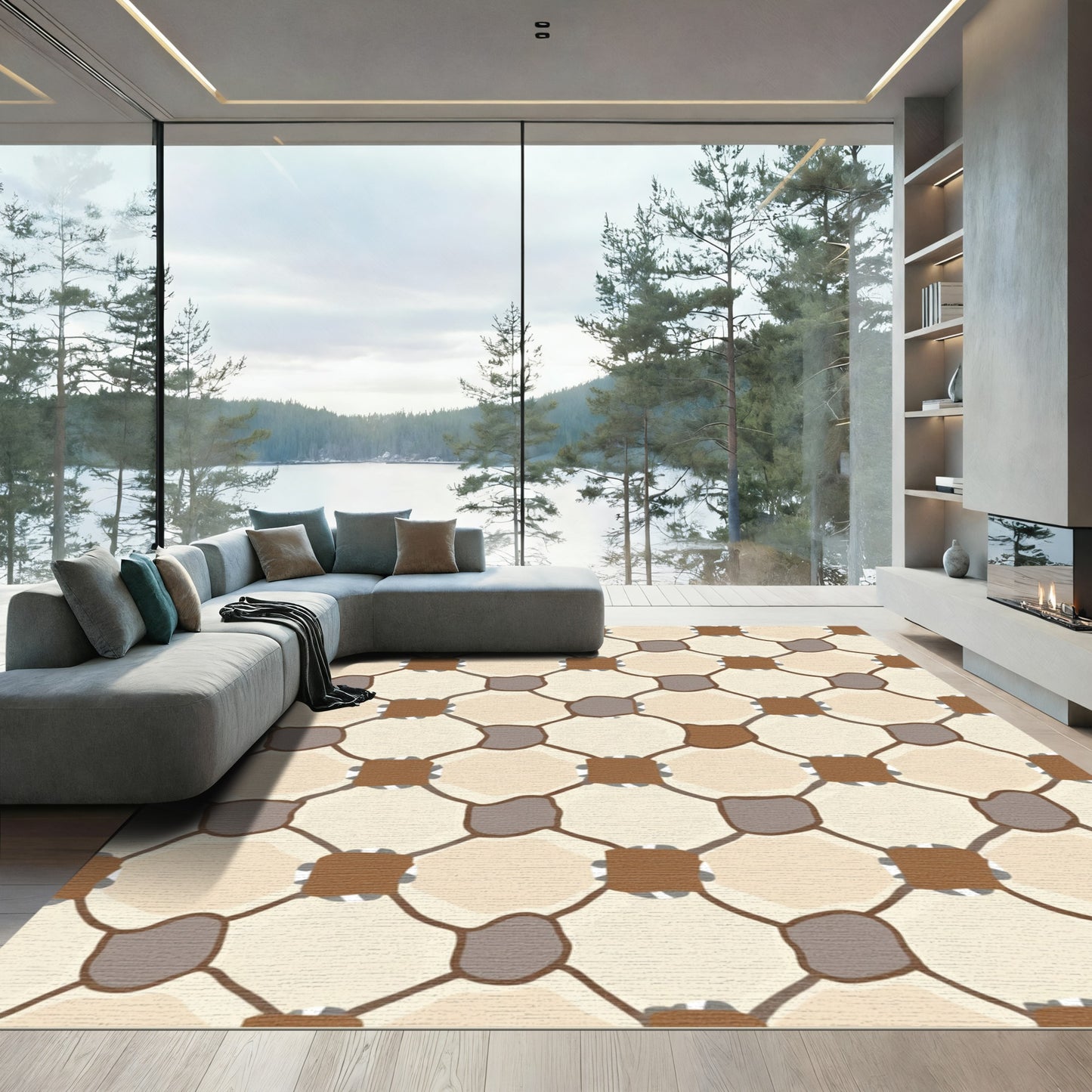 Neutral Beige Woven Diamond Net Rug