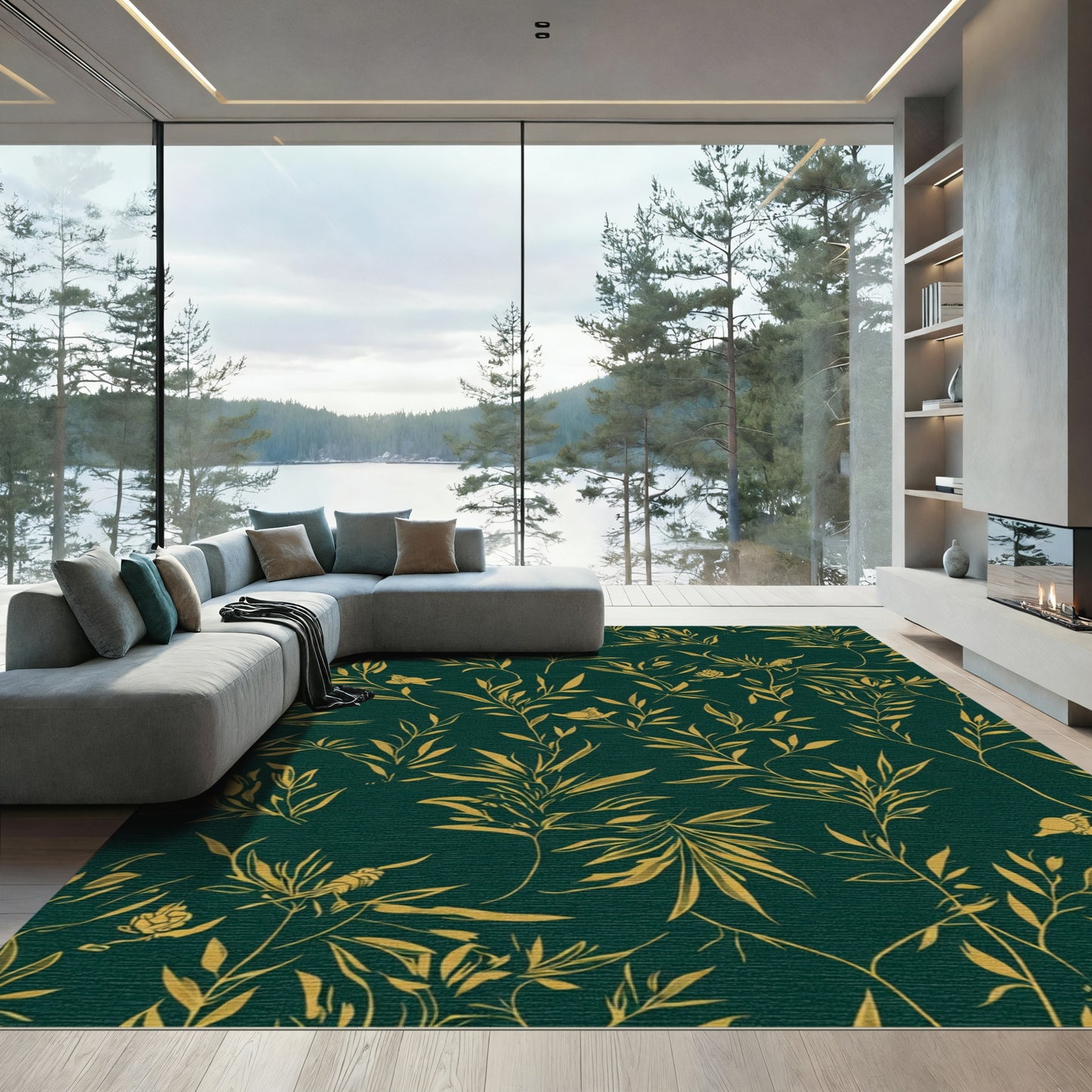 Emerald Green Gold Bamboo Foliage Rug