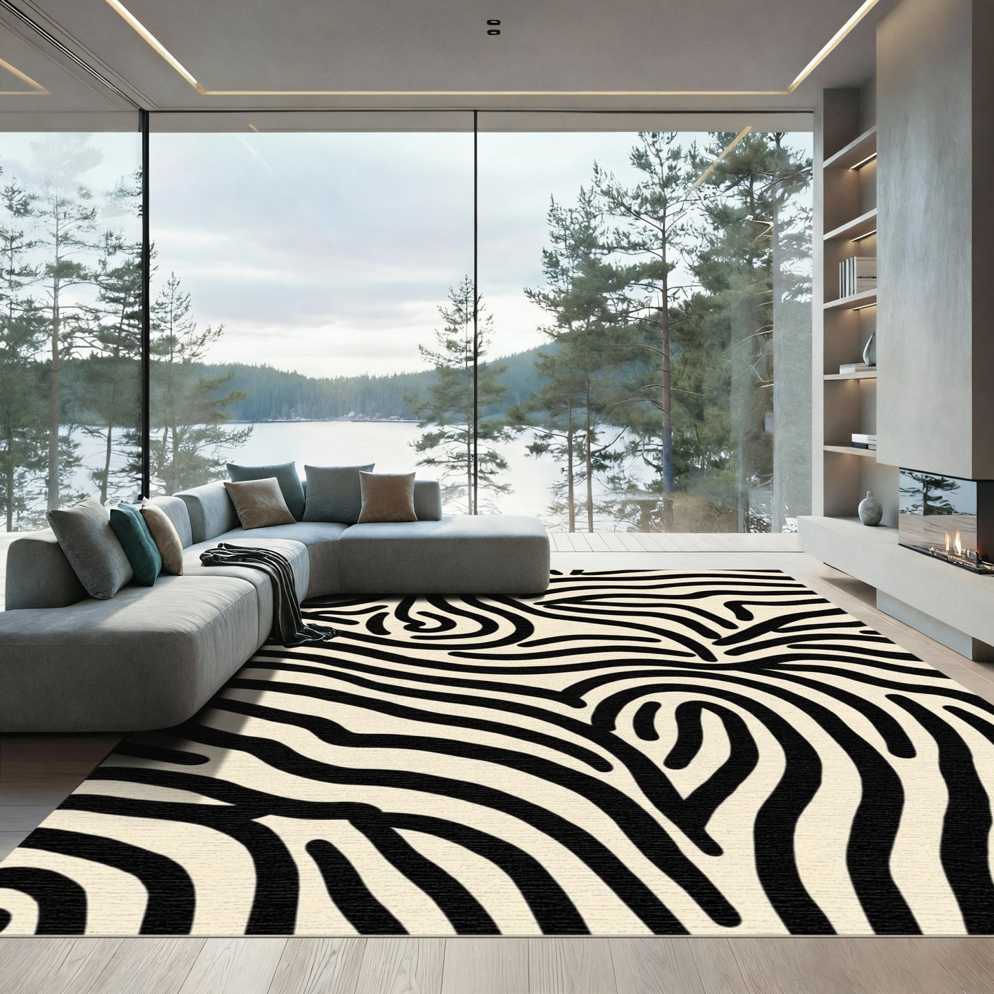 Abstract Black Cream Swirl Lines Rug