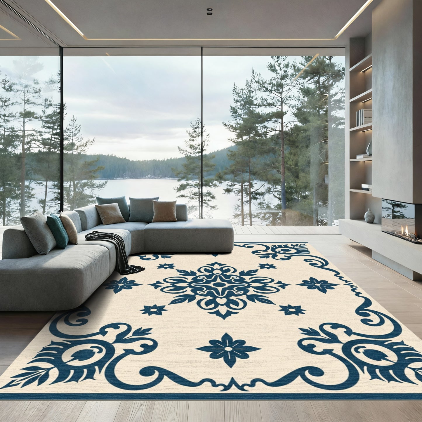 Navy Blue Floral Medallion Ivory Border Rug