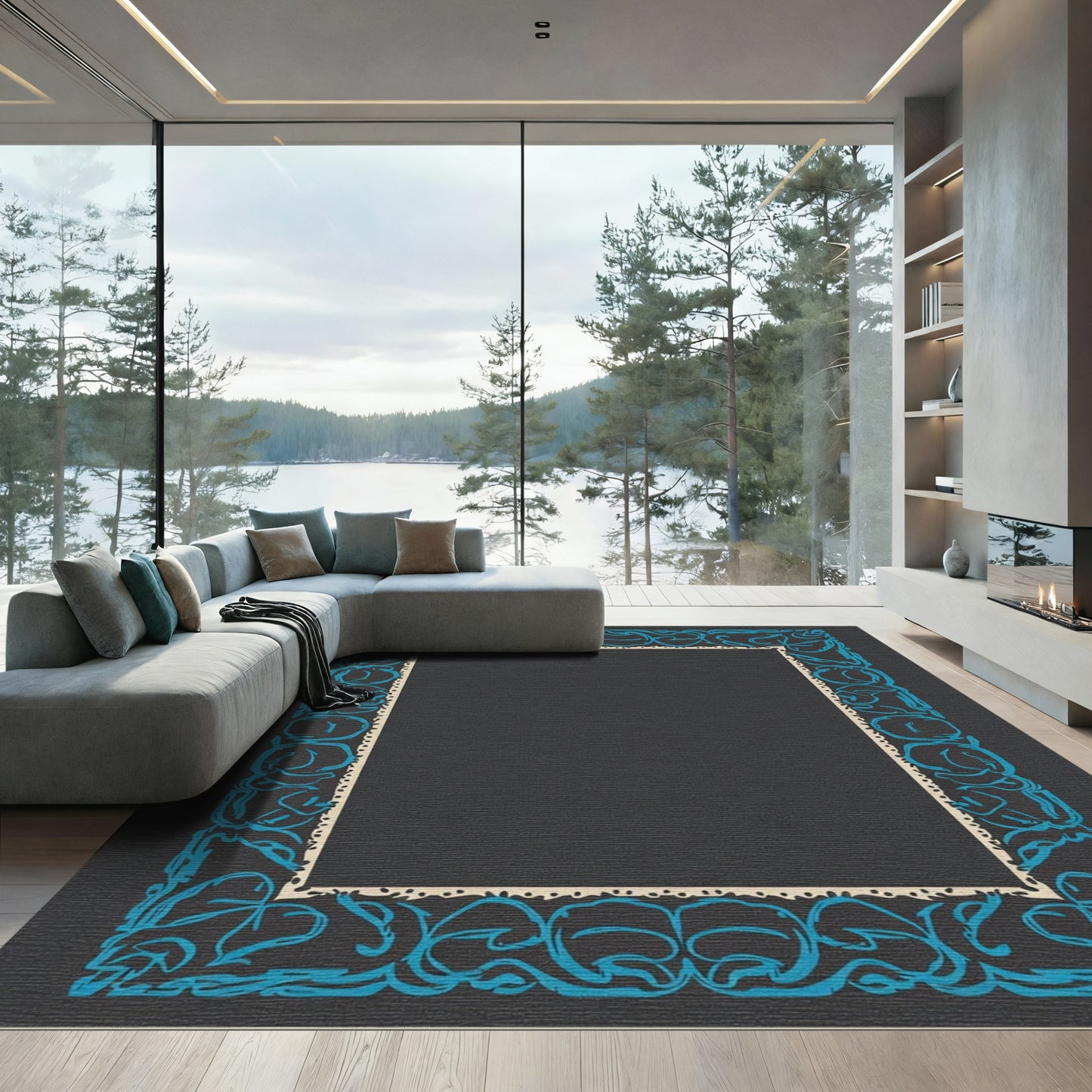 Ornate Teal Scroll Border Rug