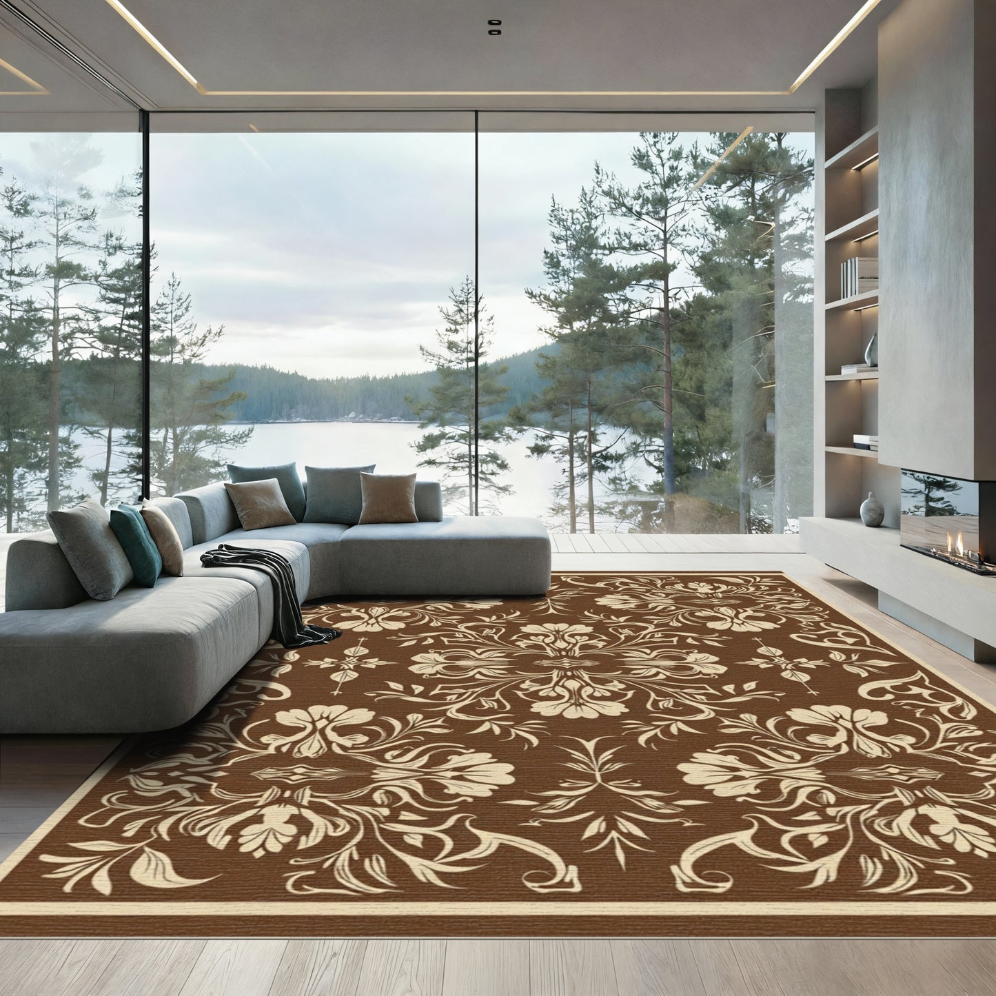 Brown Cream Floral Damask Scroll Rug