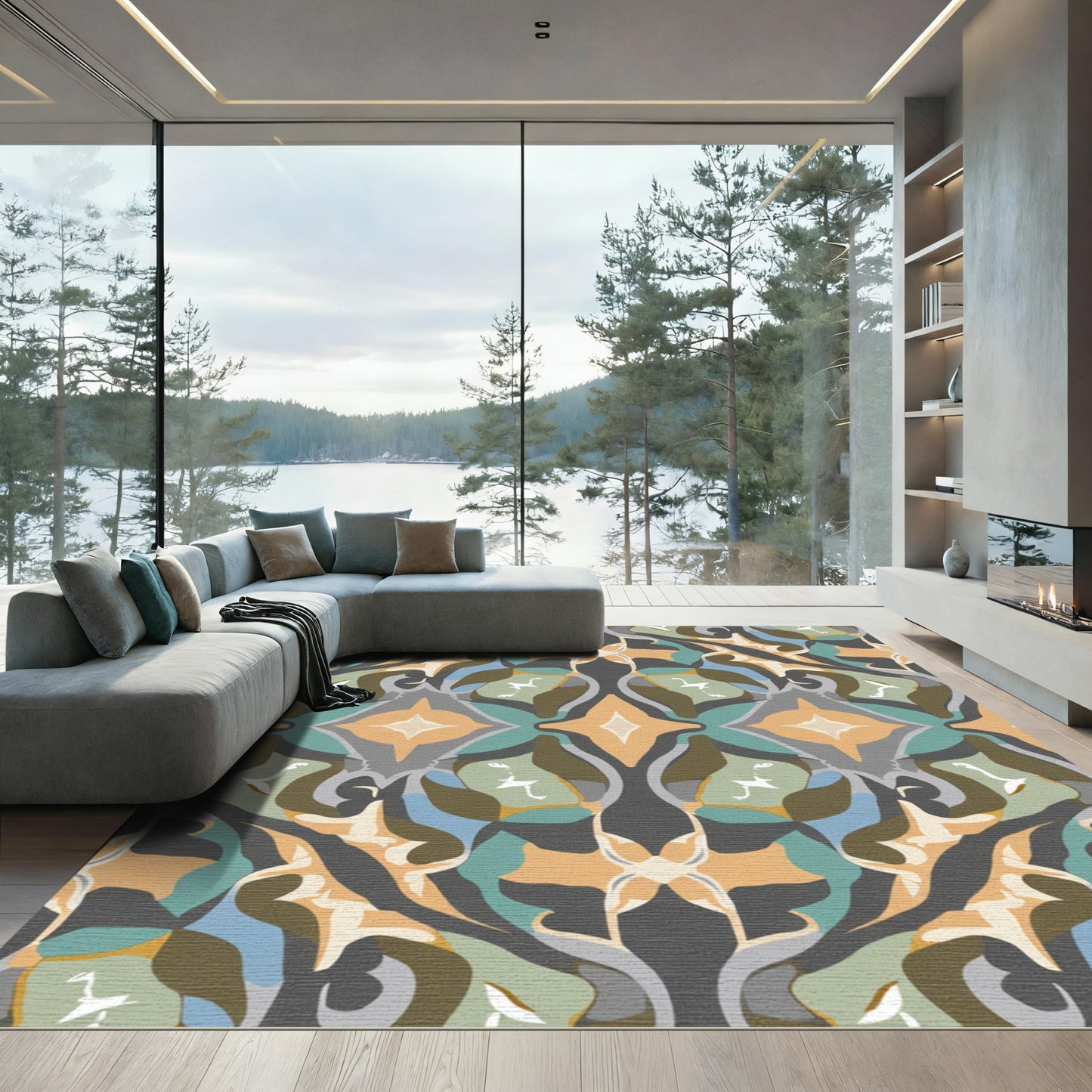 Retro Abstract Teal Orange Motif Rug