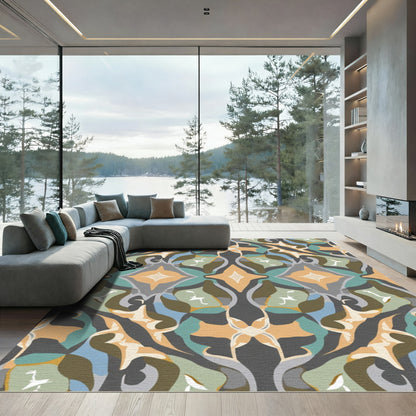 Retro Abstract Teal Orange Motif Rug