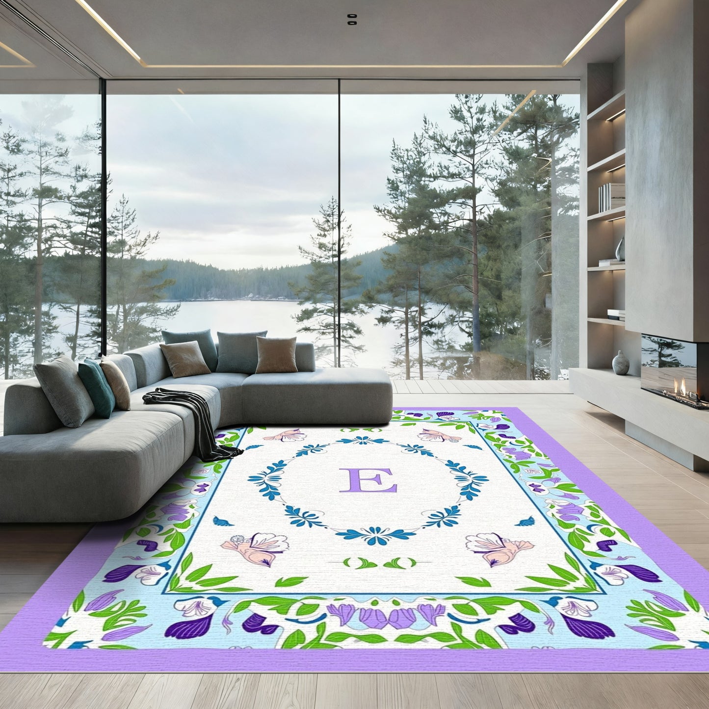 Lavender Floral Butterfly Monogram Rug