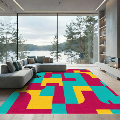 Crimson Teal Yellow Geometric Blocks Rug