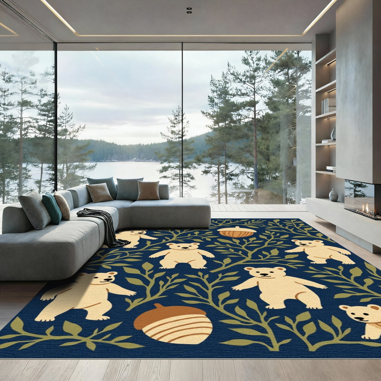 Cream Bears and Acorns Dark Blue Pattern Rug