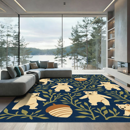 Cream Bears and Acorns Dark Blue Pattern Rug