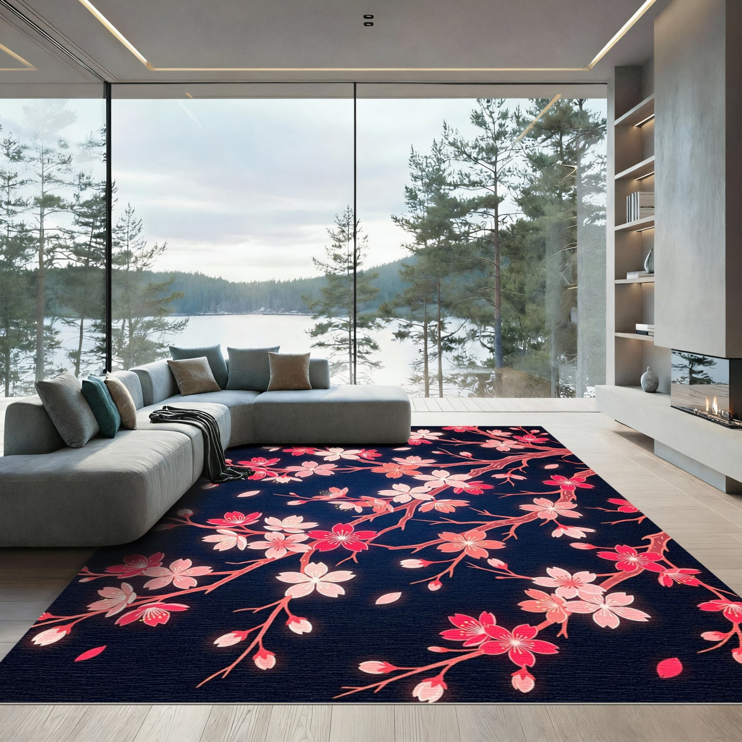 Sakura Blooming Branches Pink Coral Rug