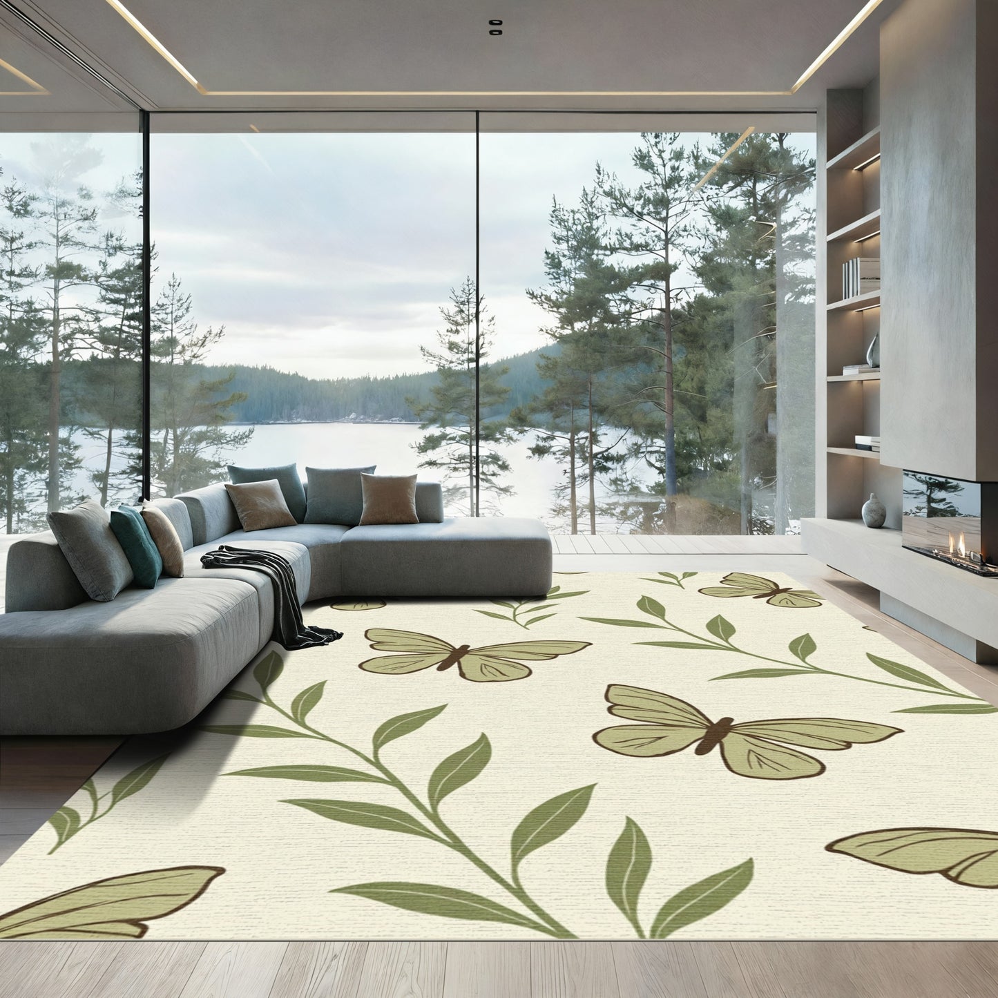 Earthy Green Butterfly Leaf Arrangement Rug
