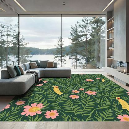 Yellow Birds Pink Flowers Dark Green Foliage Rug