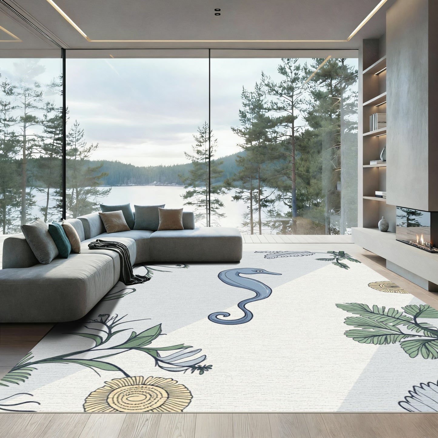 Serene Blue Seahorse Botanical Frame Rug