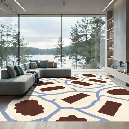 Cream Brown Irregular Forms Blue Lines Rug