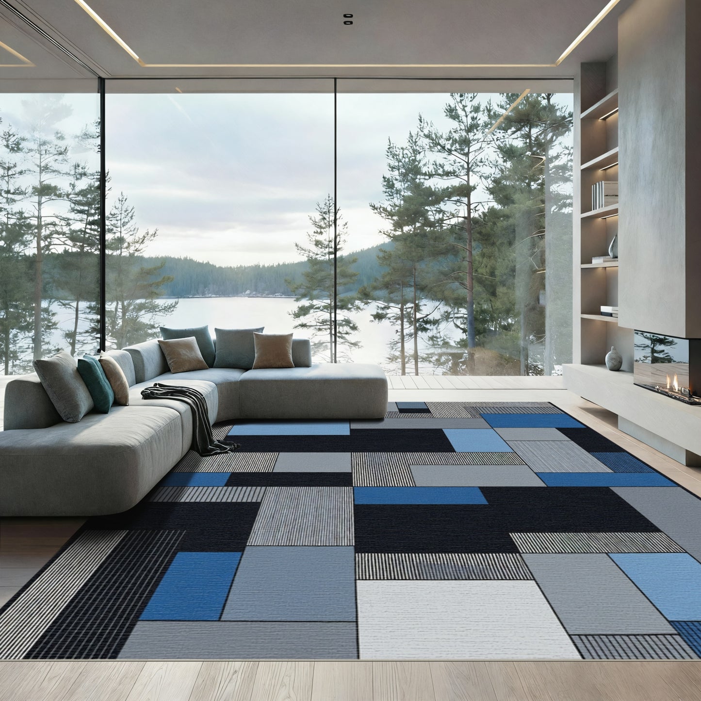 Midnight Blue Geometric Block Harmony Rug