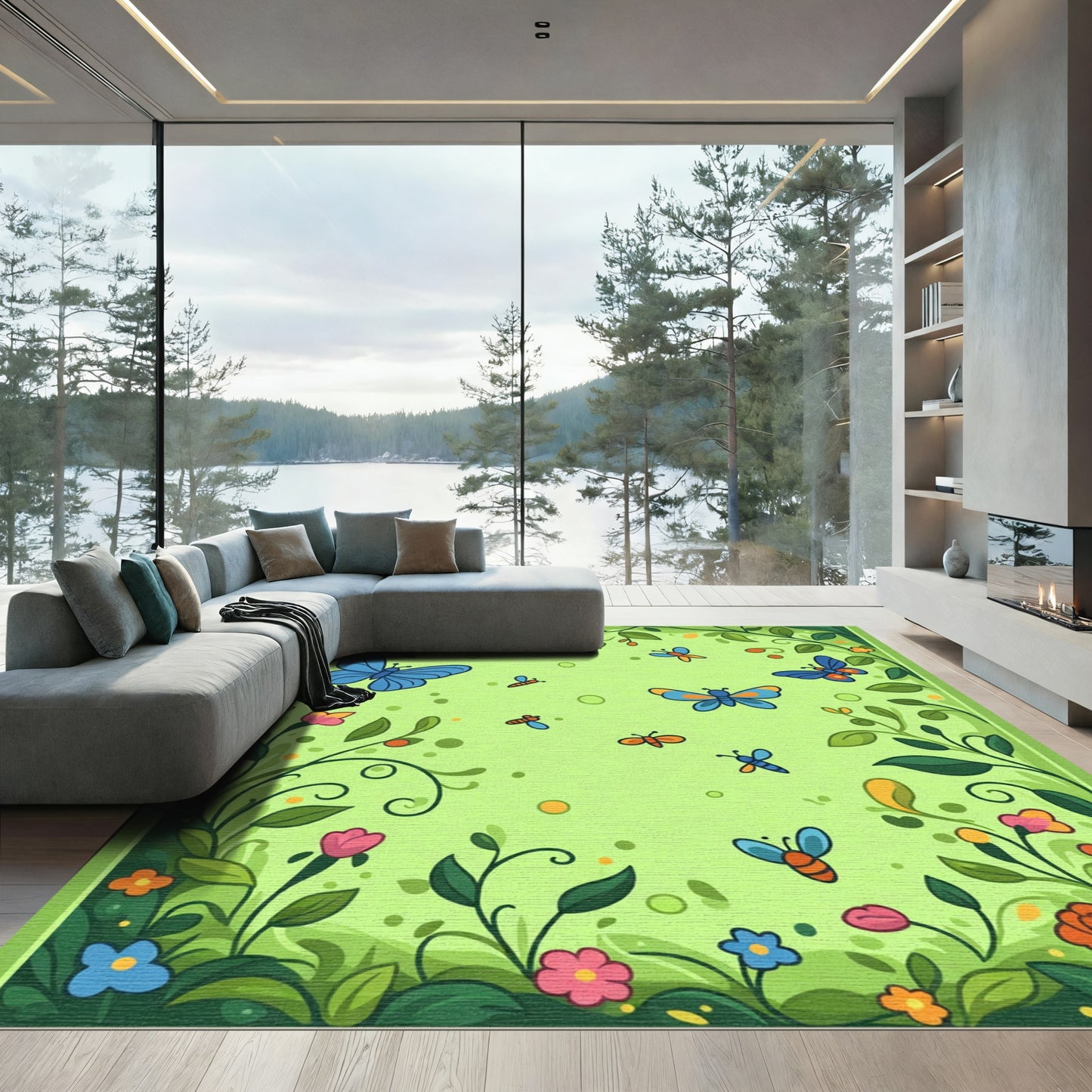 Whimsical Green Garden Butterfly Bloom Rug