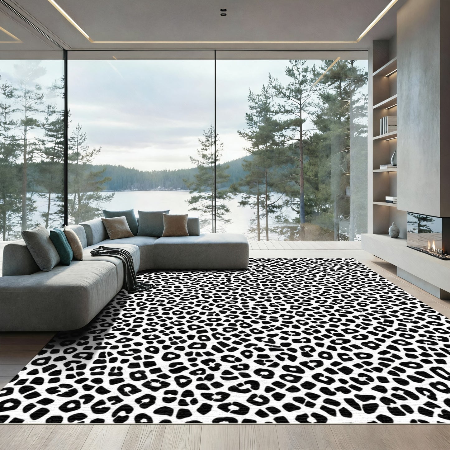 Black White Leopard Spots Rug