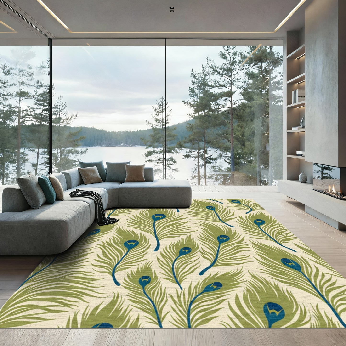 Olive Green Blue Peacock Feather Array Rug
