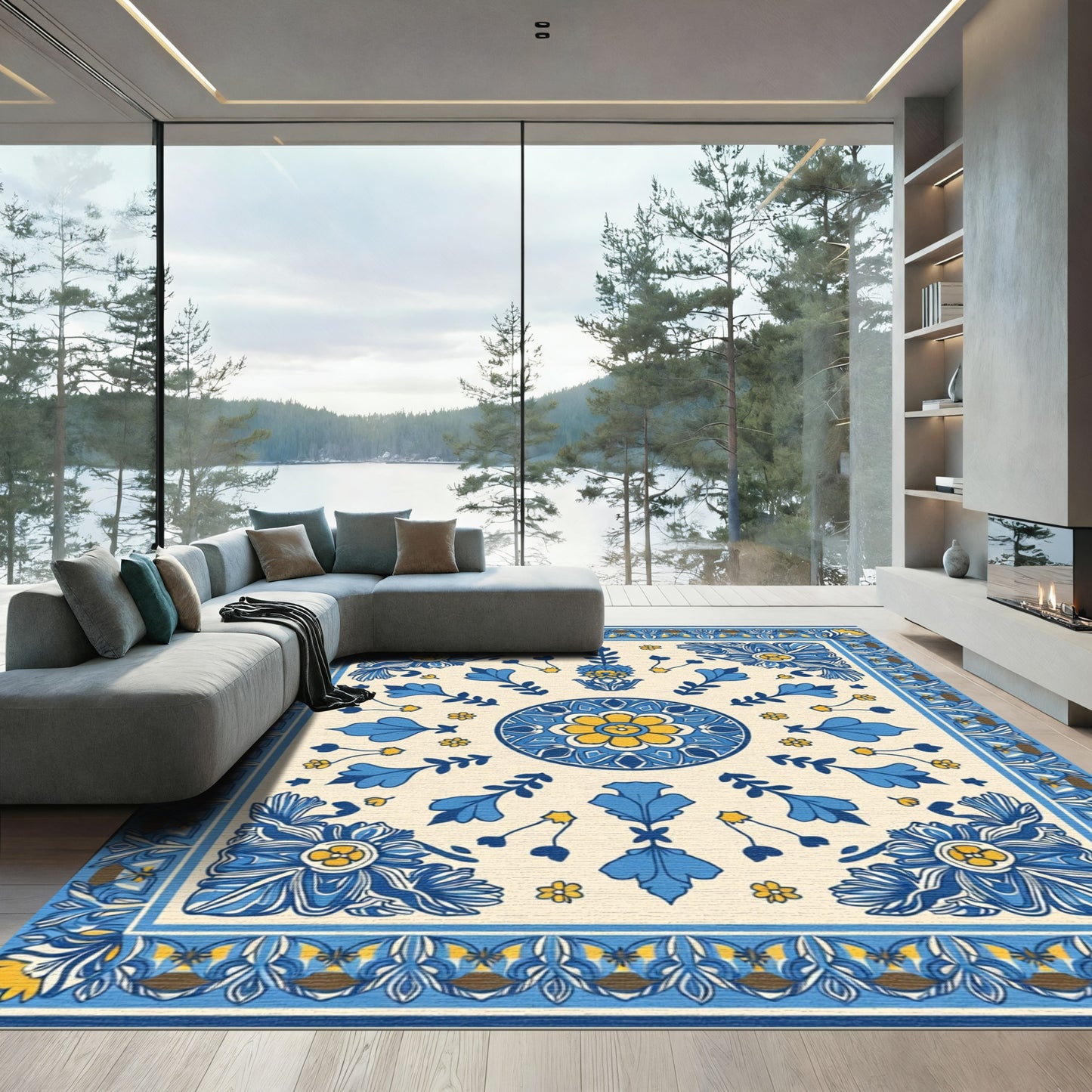 Blue Yellow Floral Medallion Border Rug