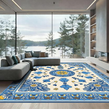 Blue Yellow Floral Medallion Border Rug