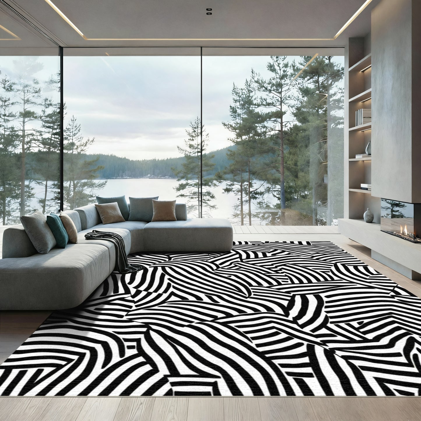 Abstract Black White Organic Stripe Rug