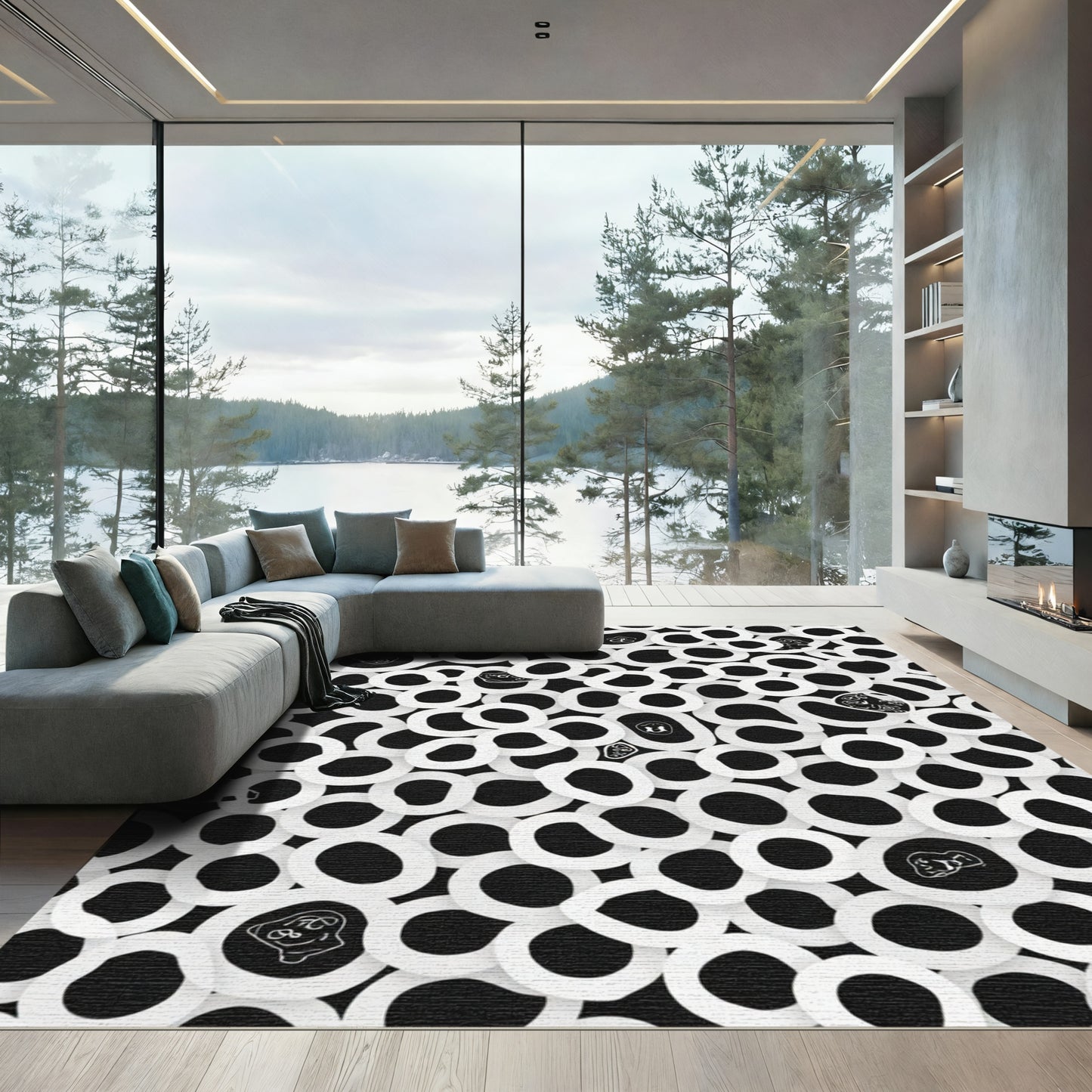 Whimsical Black White Organic Shape Medley Rug