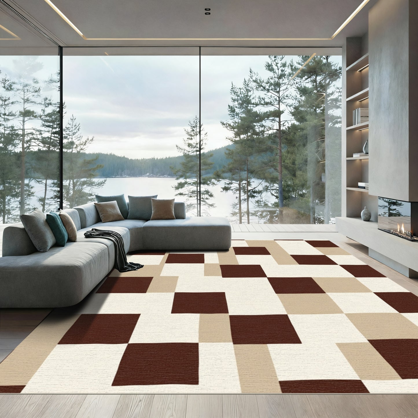 Brown Cream Tan Geometric Blocks Rug