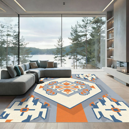 Orange Blue Cream Geometric Medallion Rug